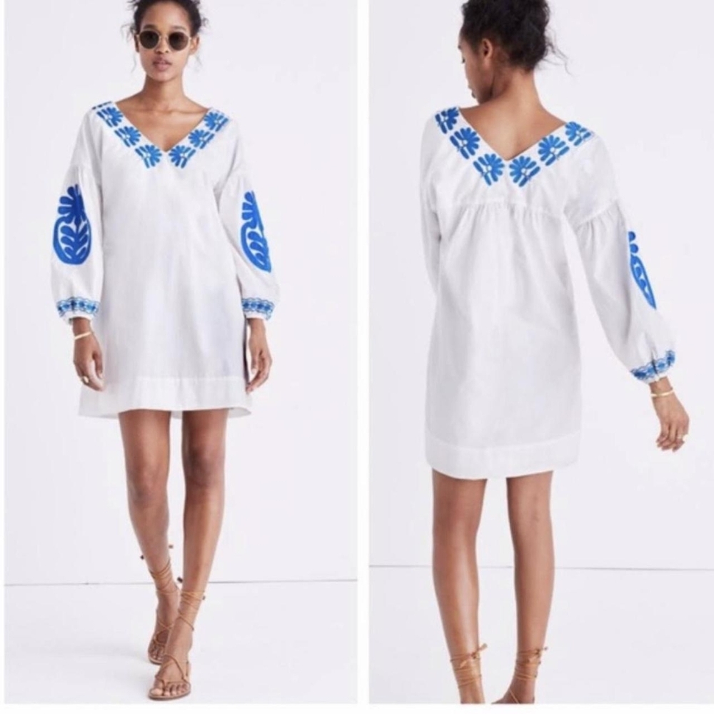 Madewell White and Blue Embroidered Bianca Dress - Size M